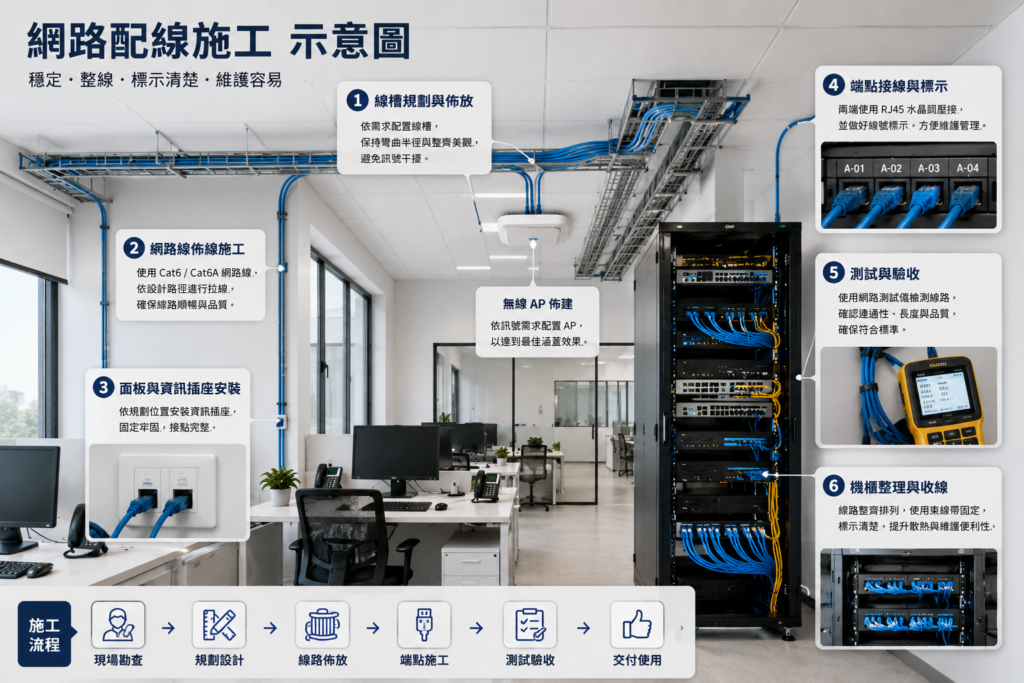 網路弱電工程包含辦公室網路佈線、Cat.6 / Cat.6A 網路線施工、機櫃整理、PoE 交換器、企業 AP、監視器、門禁、NAS 與網路設備整合。楊氏系統整合提供新竹、竹北、竹東、竹南、頭份、寶山及新竹周邊地區網路弱電規劃、施工與維護服務。