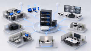 提供辦公室、工作室、中小企業網路架構規劃，包含有線網路、WiFi 無線建置、交換器、防火牆與多樓層網路整合。