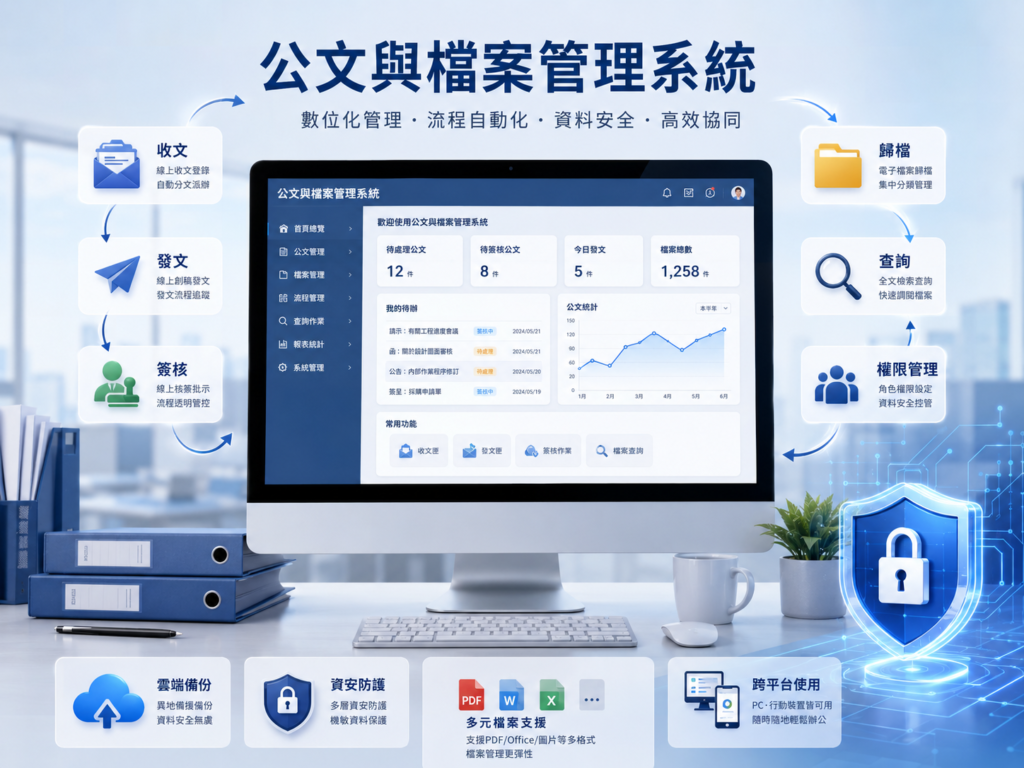 楊氏系統整合可協助企業規劃: 公文管理系統 收文管理系統 發文管理系統 電子簽核流程 檔案歸檔系統 附件管理 權限控管 內部文件查詢 系統客製化開發 NAS 檔案備份整合 企業內部 ERP 系統整合 服務地區包含新竹、竹北、竹東、竹南、頭份、寶山及新竹周邊地區。 - 系統整合、維修、ERP系統建置、企業數位化服務 楊氏系統整合可協助企業規劃: 公文管理系統 收文管理系統 發文管理系統 電子簽核流程 檔案歸檔系統 附件管理 權限控管 內部文件查詢 系統客製化開發 NAS 檔案備份整合 企業內部 ERP 系統整合 服務地區包含新竹、竹北、竹東、竹南、頭份、寶山及新竹周邊地區。