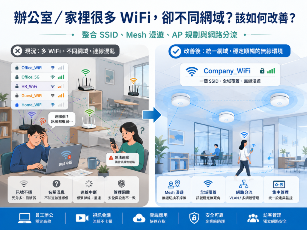 辦公室或家裡很多 WiFi 名稱、不同網域,導致 NAS 連不到、印表機找不到、手機切換不順?楊氏系統整合提供新竹、竹北、竹東、竹南、頭份、寶山周邊 WiFi 整合、Mesh 漫遊、企業 AP、網路分流與弱電規劃服務。 - 系統整合、維修、ERP系統建置、企業數位化服務 辦公室或家裡很多 WiFi 名稱、不同網域,導致 NAS 連不到、印表機找不到、手機切換不順?楊氏系統整合提供新竹、竹北、竹東、竹南、頭份、寶山周邊 WiFi 整合、Mesh 漫遊、企業 AP、網路分流與弱電規劃服務。
